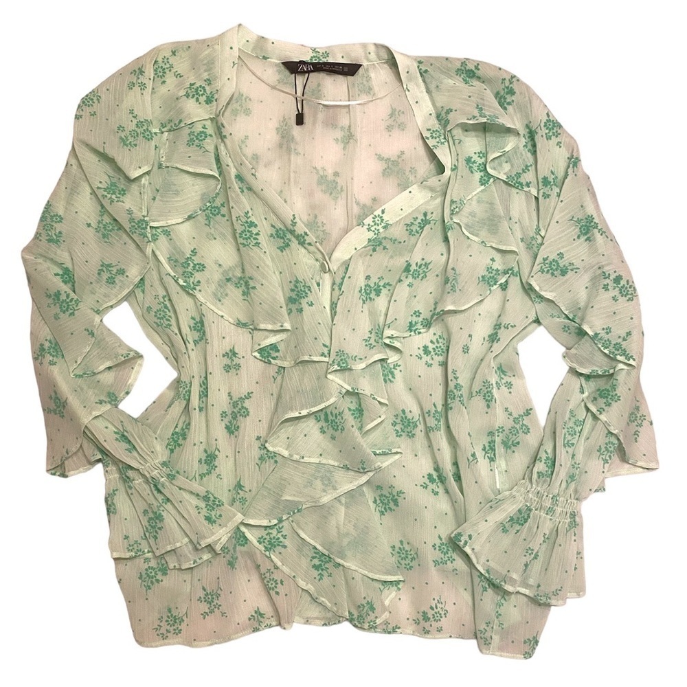 Zara Green Floral Ruffle Long Sleeve Blouse - Size Small